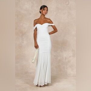 Lulus-Divinely Romantic White Mesh Off-the-Shoulder Mermaid Maxi Dress (Medium)